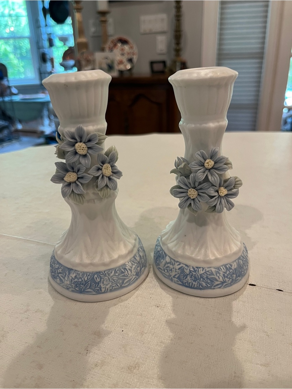 Vintage white Porcelain Blue Floral Candlestick Holders. Pair of 2. Gorgeous!